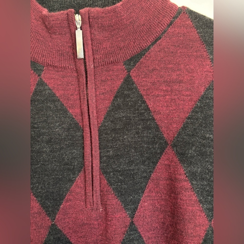 Toscano Sweater Zip-Up Argyle Pullover Burgundy Turtleneck Wool Size L Unisex - Picture 8 of 8
